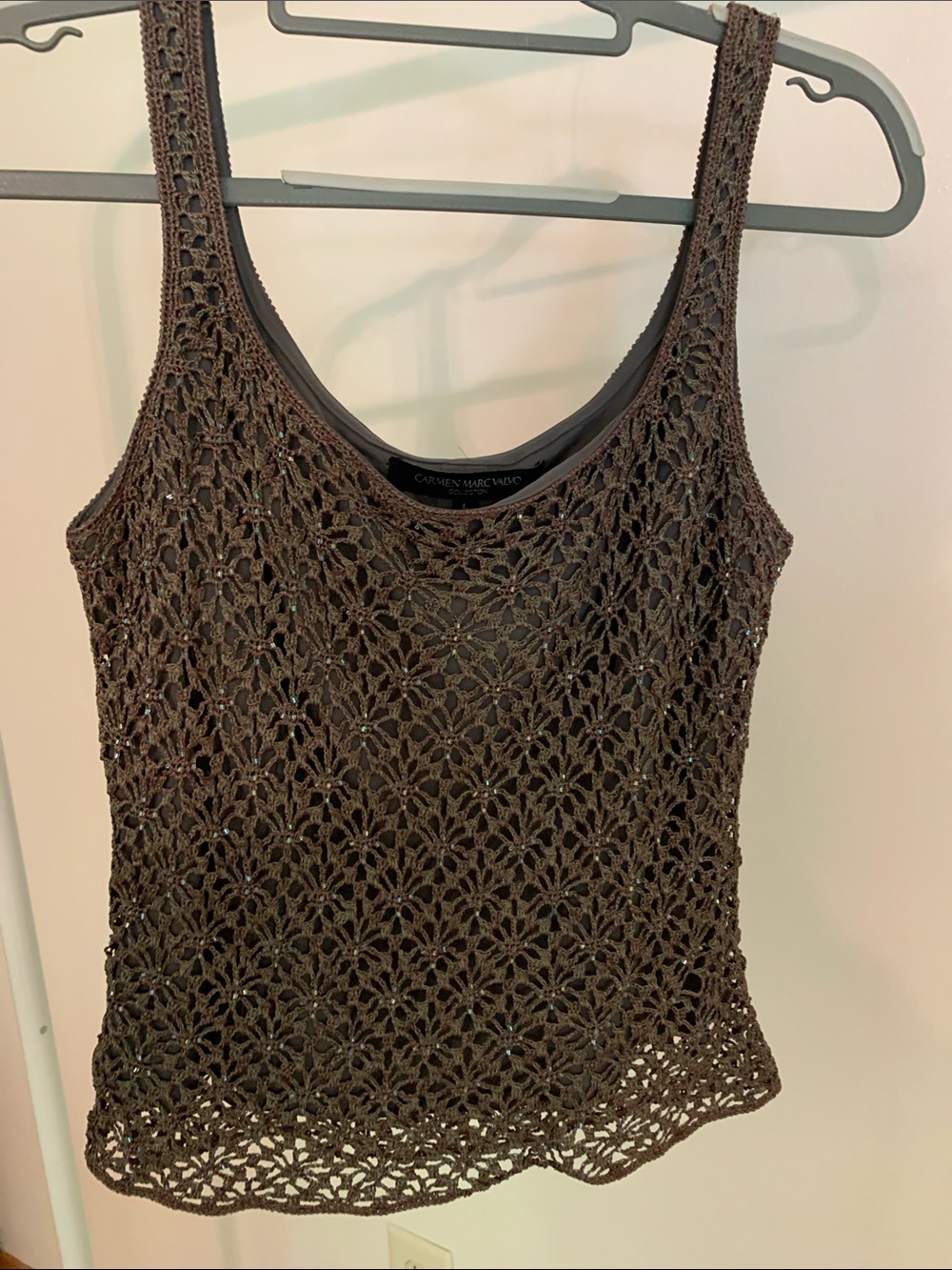 Carmen Marc Valvo Brown Crochet Camisole